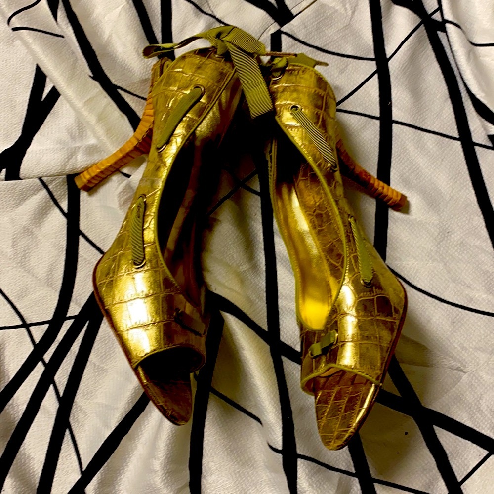 Gold Metallic Leather Bamboo Heel Sexy Shoes